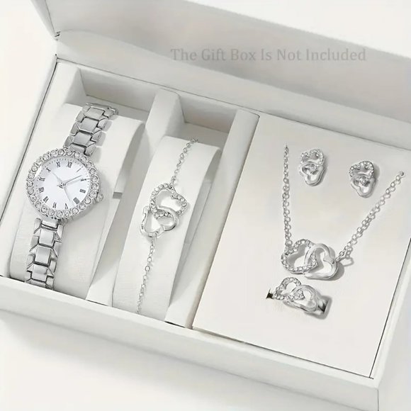 1pc Rhinestone Decor Quartz Watch Flower Pointer Analog Dress Watch & 5pcs Jewel - Picture 1 of 4